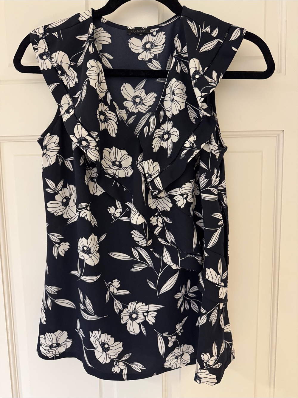 Ann Taylor Navy and White Floral Ruffle V-Neck Camisole